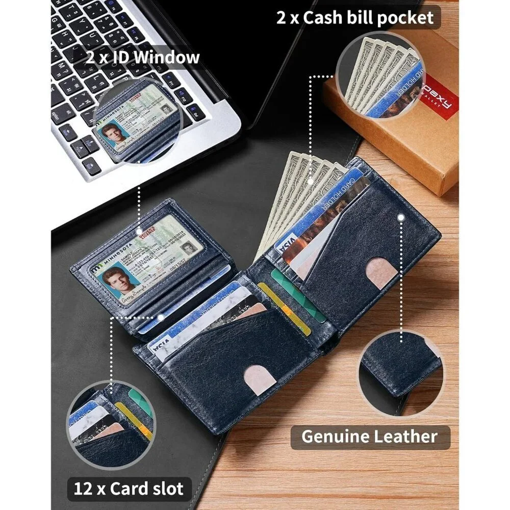 Men's Classic Bifold Wallet Card Navy Blue Style Genuine Leather 2 Cash Pockets